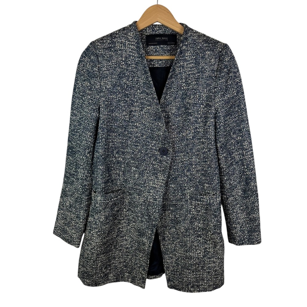 Zara Basic Collection Textured Knit Tweed Blazer Jacket Medium Blue Office Chic